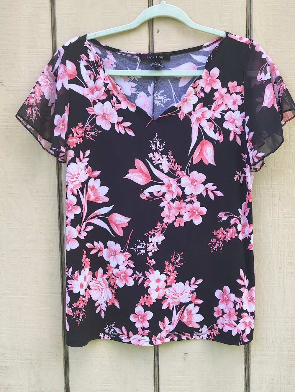 Adele & May Floral Sheer Sleeve Top Black Pink V Neck Stretch Size L Whimsigoth